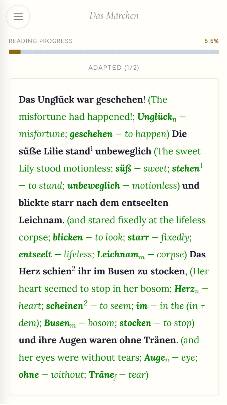 In the Original reader showing a German literary passage with a phrase translation and inline contextual glosses.