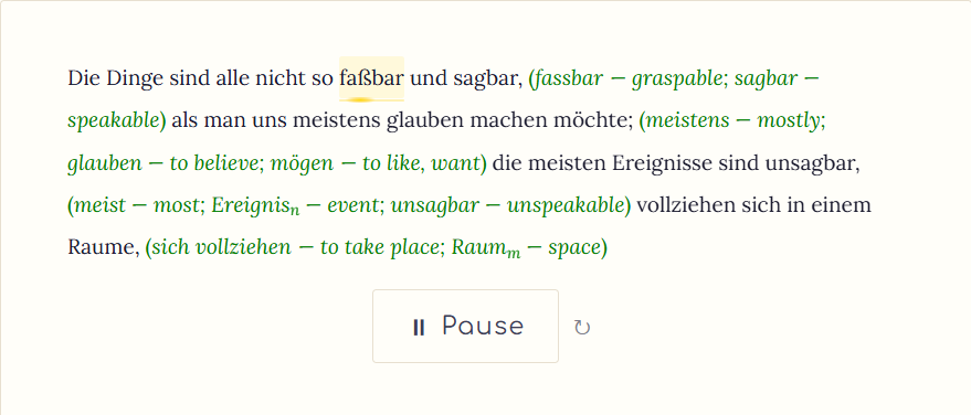 The same German passage at lightly supported level of adaptive language support.