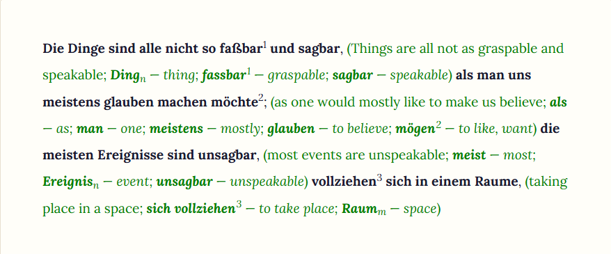 The same German passage at developing familiarity level of adaptive language support.